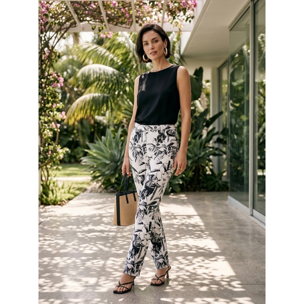 Tommy Bahama Pants Women Boracay Beach High Rise Ankle Black White Floral 16x28